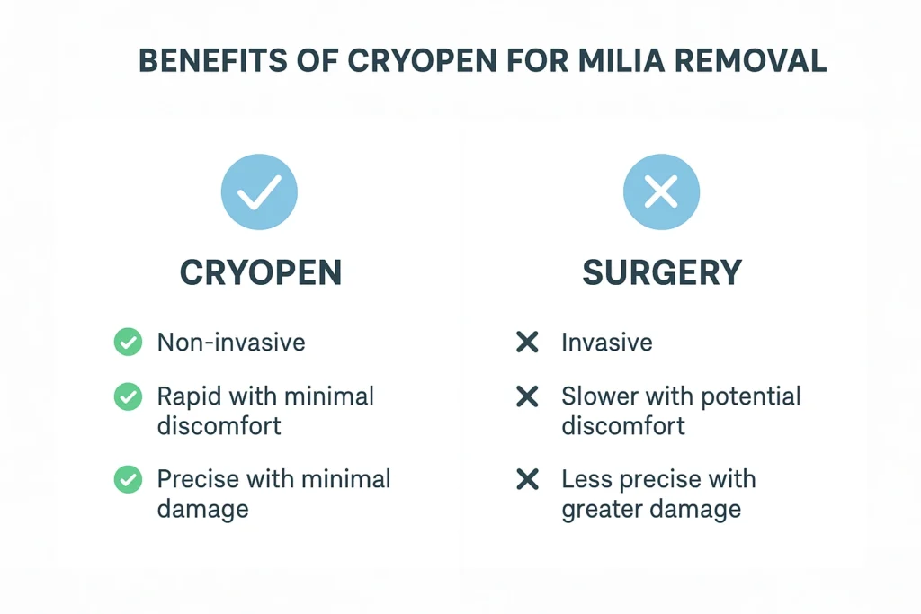 Benefits of cryopen for milia removal Essex compared to surgical treatments.