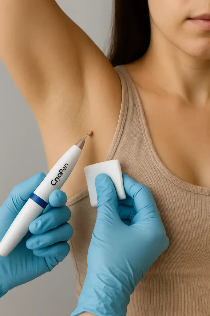 woman having cryopen to remove underarm skin tags Essex
