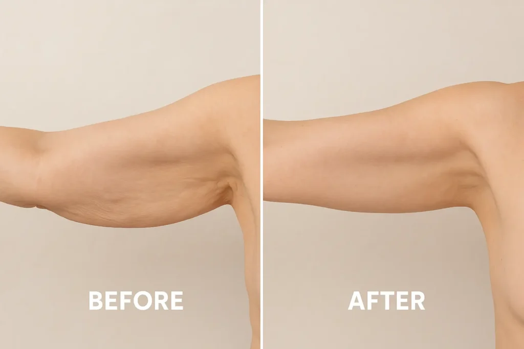 Picture of LA LIPO Essex before and after results of skin tightening treatment on the upper arms.