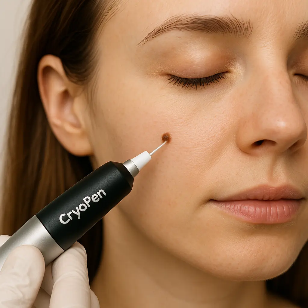 woman receiving facial mole removal Essex using cryopen 