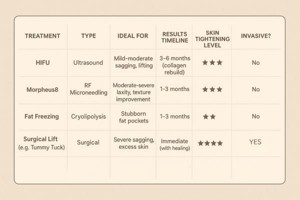 Table showing the comparisons of Skin tightening Essex treatment options. 